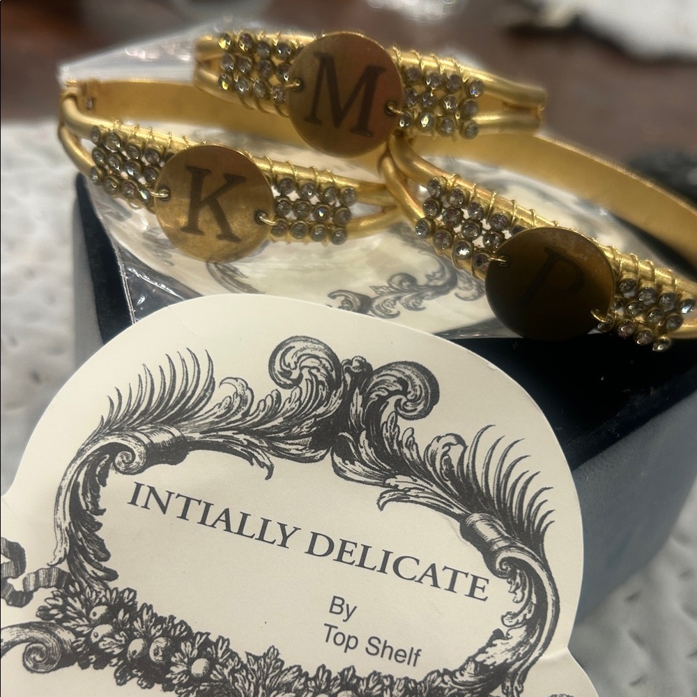 Antiqued Gold Initial Bracelets with Crystal Accents-(P, K or M only)